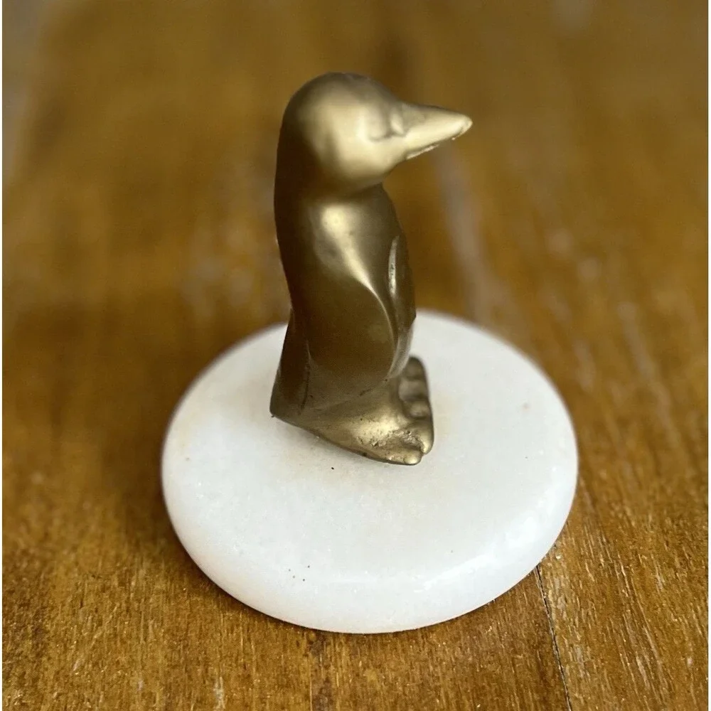 VTG MCM Brass & Marble Penguin On Base Paperweight Figurine Ornament Home Decor